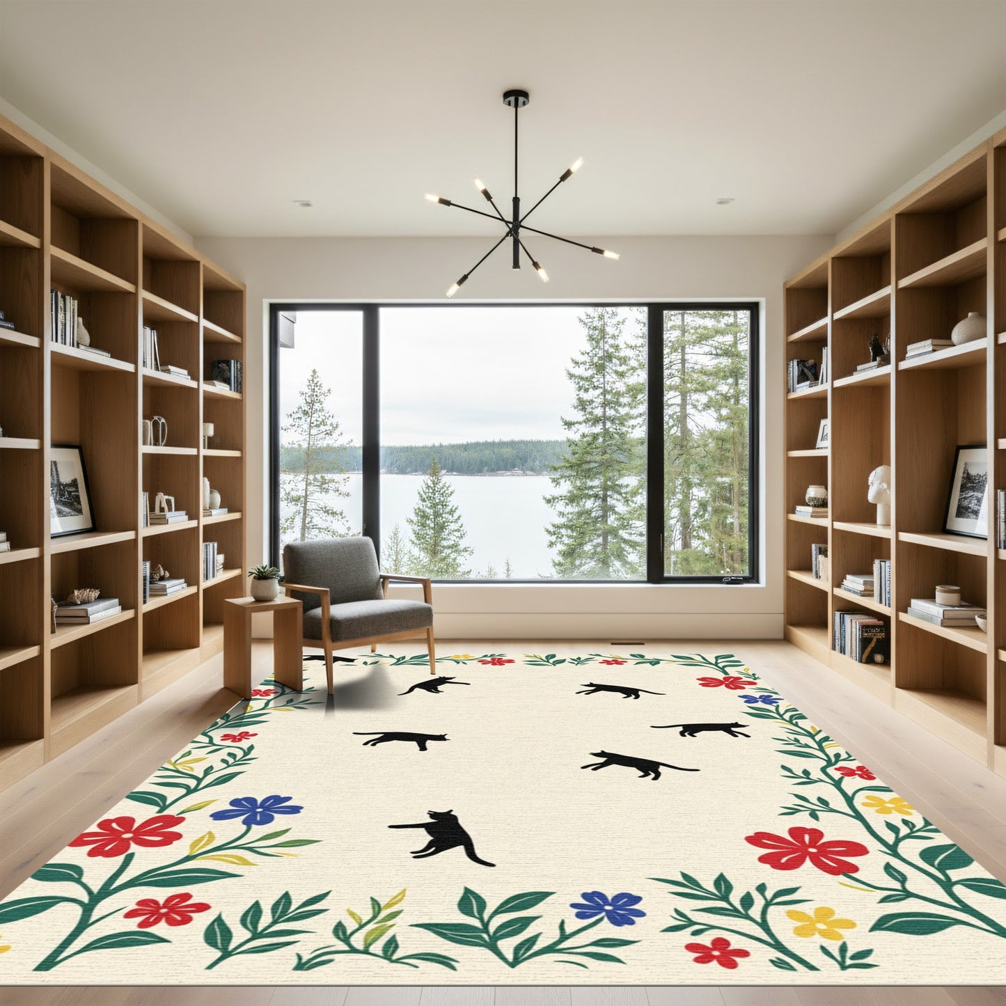 Playful Black Cats Floral Border Rug