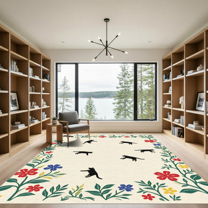 Playful Black Cats Floral Border Rug