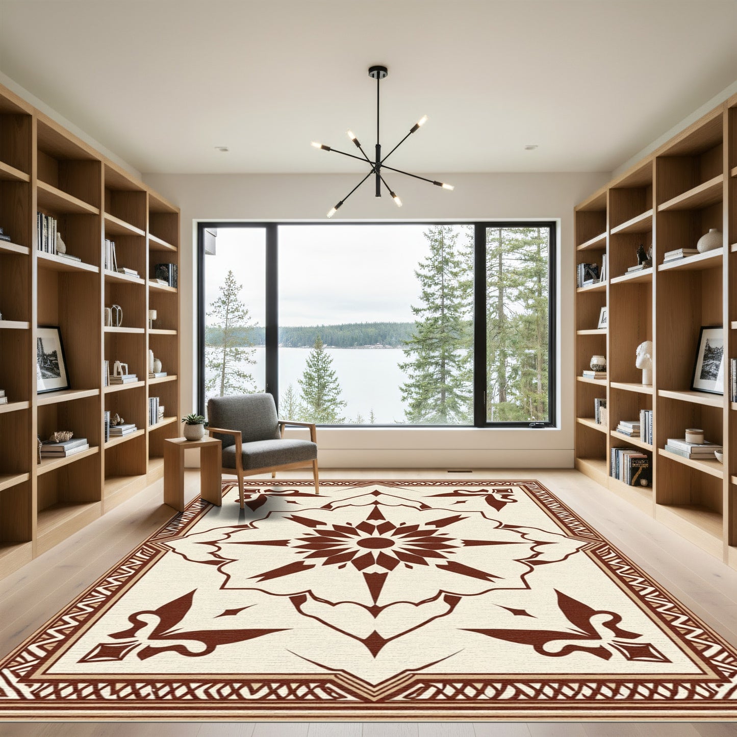 Brown Cream Geometric Star Border Rug