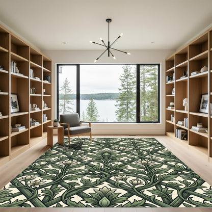Botanical Sage Green Trellis Floral Leaf Rug