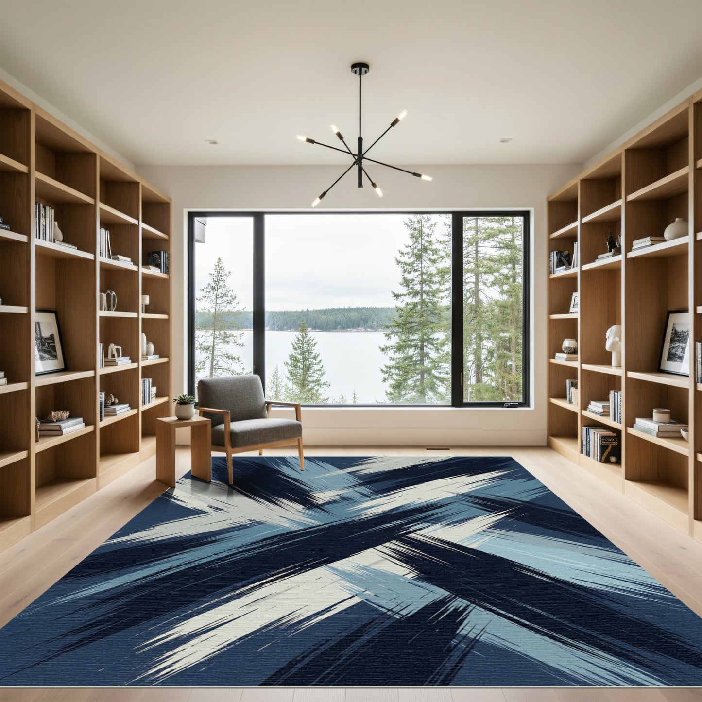 Modern Navy and Slate Abstract Brushstroke Rug