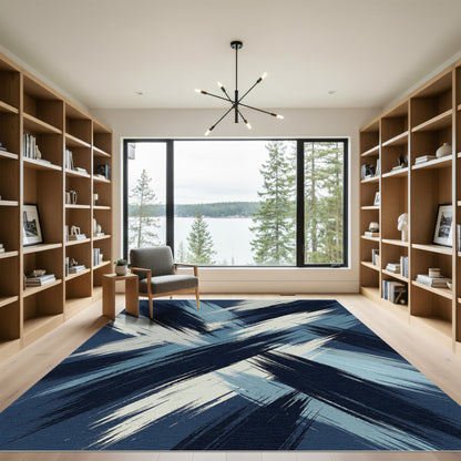 Modern Navy and Slate Abstract Brushstroke Rug