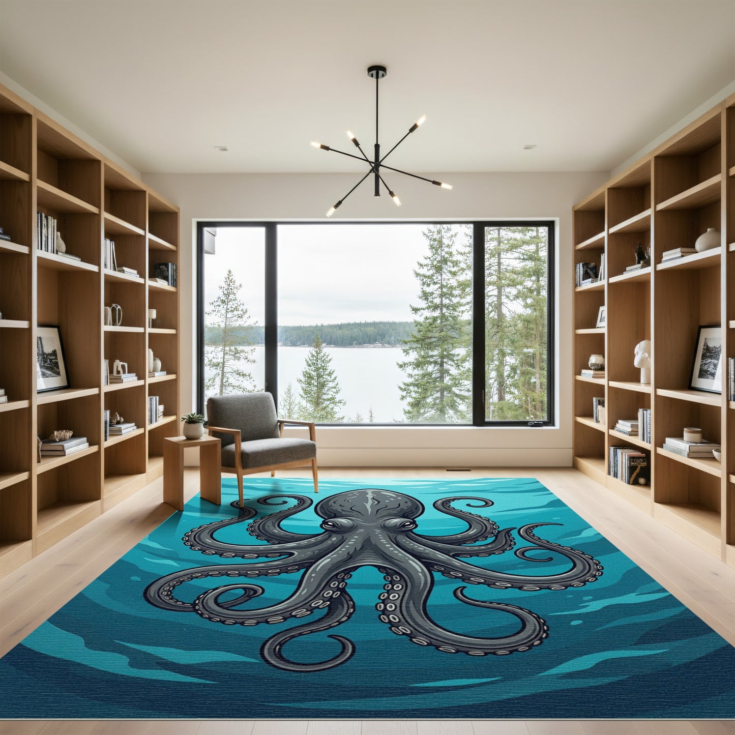 Dark Blue Octopus Sea Life Illustration Rug