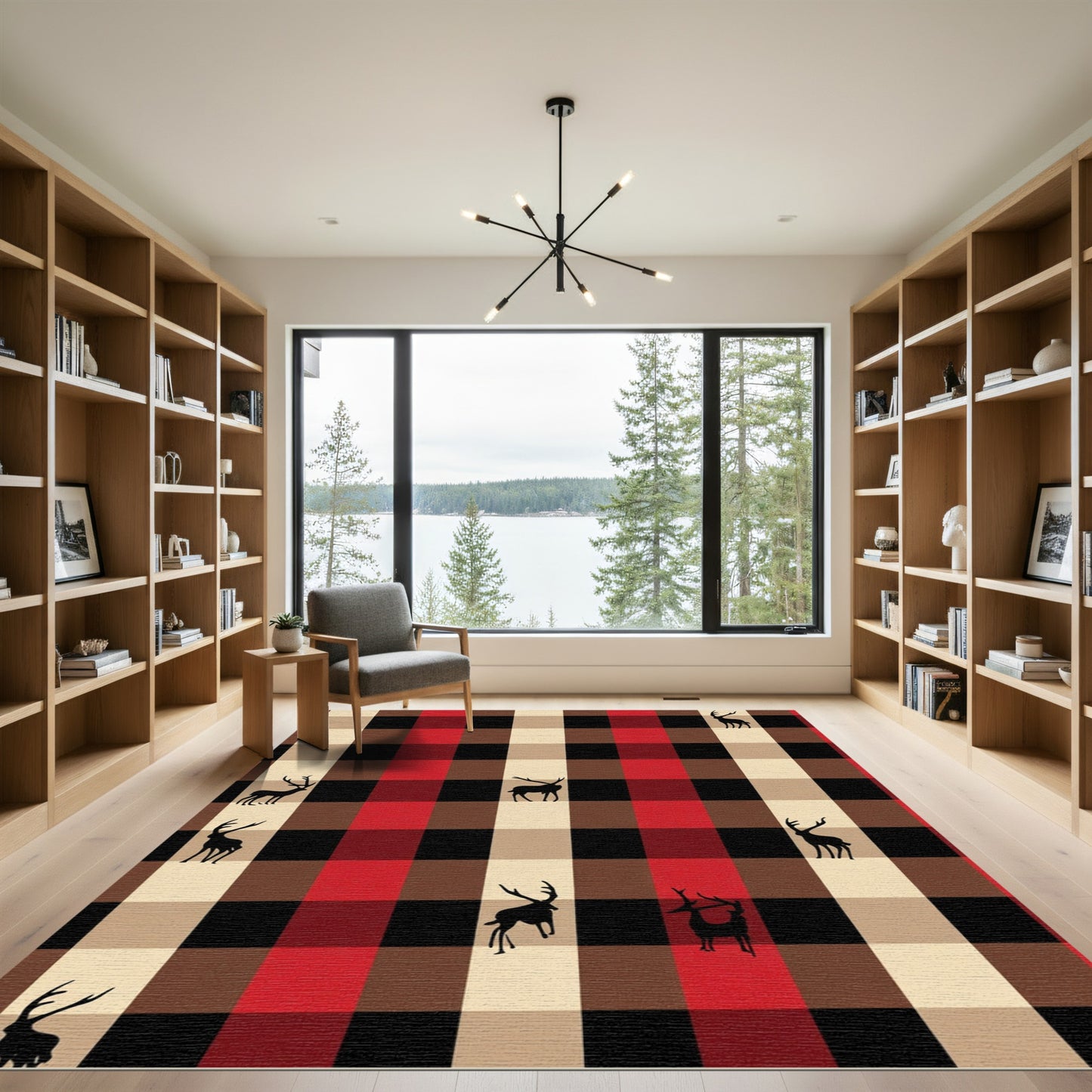 Red Black Tan Plaid Deer Companions Rug