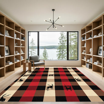 Red Black Tan Plaid Deer Companions Rug