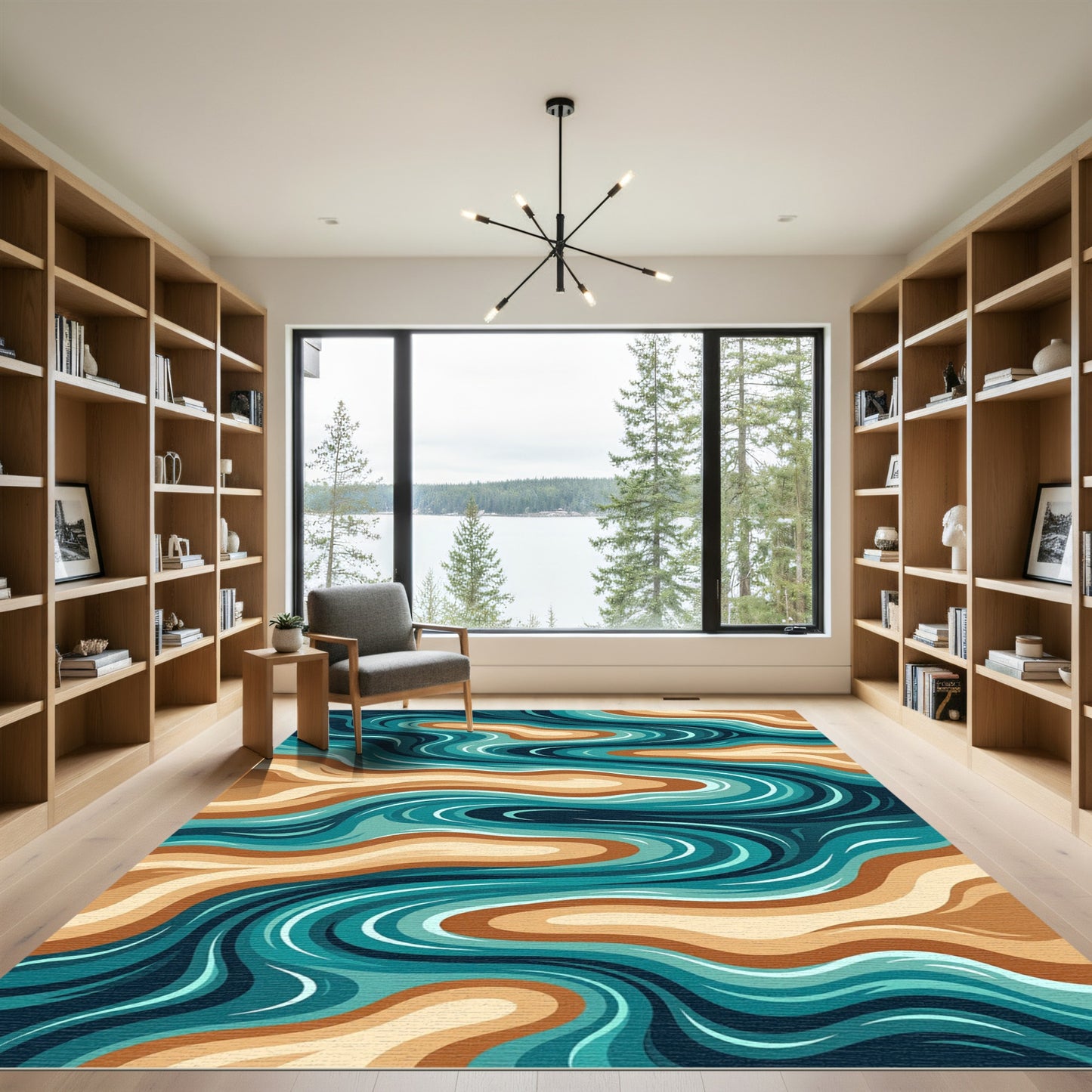 Earthy Teal Fluid Stream Abstract Rug