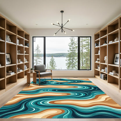 Earthy Teal Fluid Stream Abstract Rug