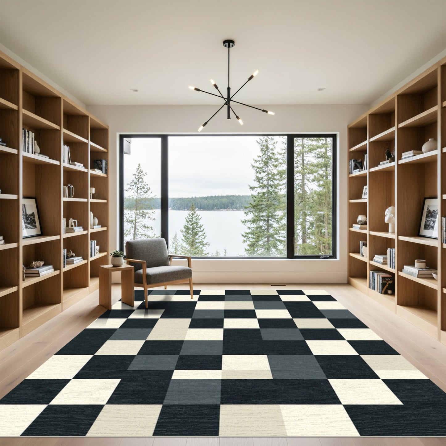Modern Monochrome Square Block Grid Rug