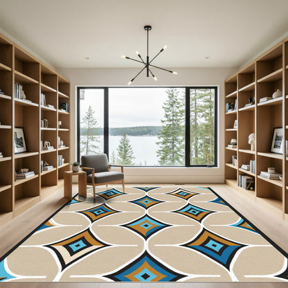 Modern Teal Gold Diamond Geometric Rug