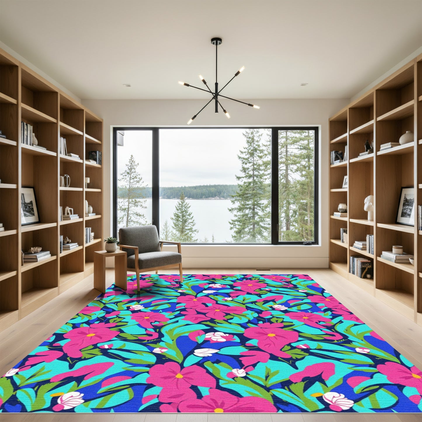 Vibrant Pink Floral Leaf Composition Rug
