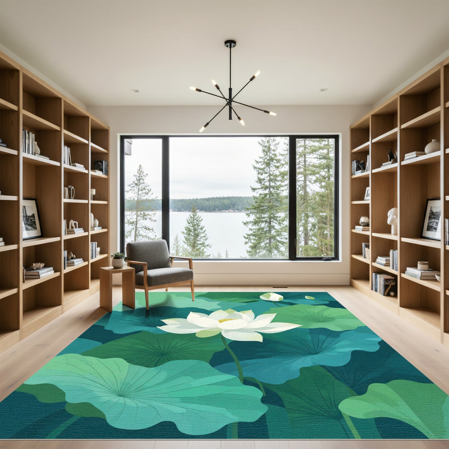 White Lotus Pond Serene Green Rug