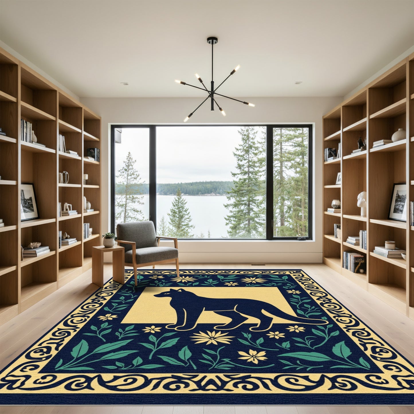 Navy Blue Floral Cat Silhouette Rug