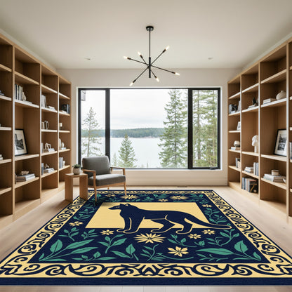 Navy Blue Floral Cat Silhouette Rug