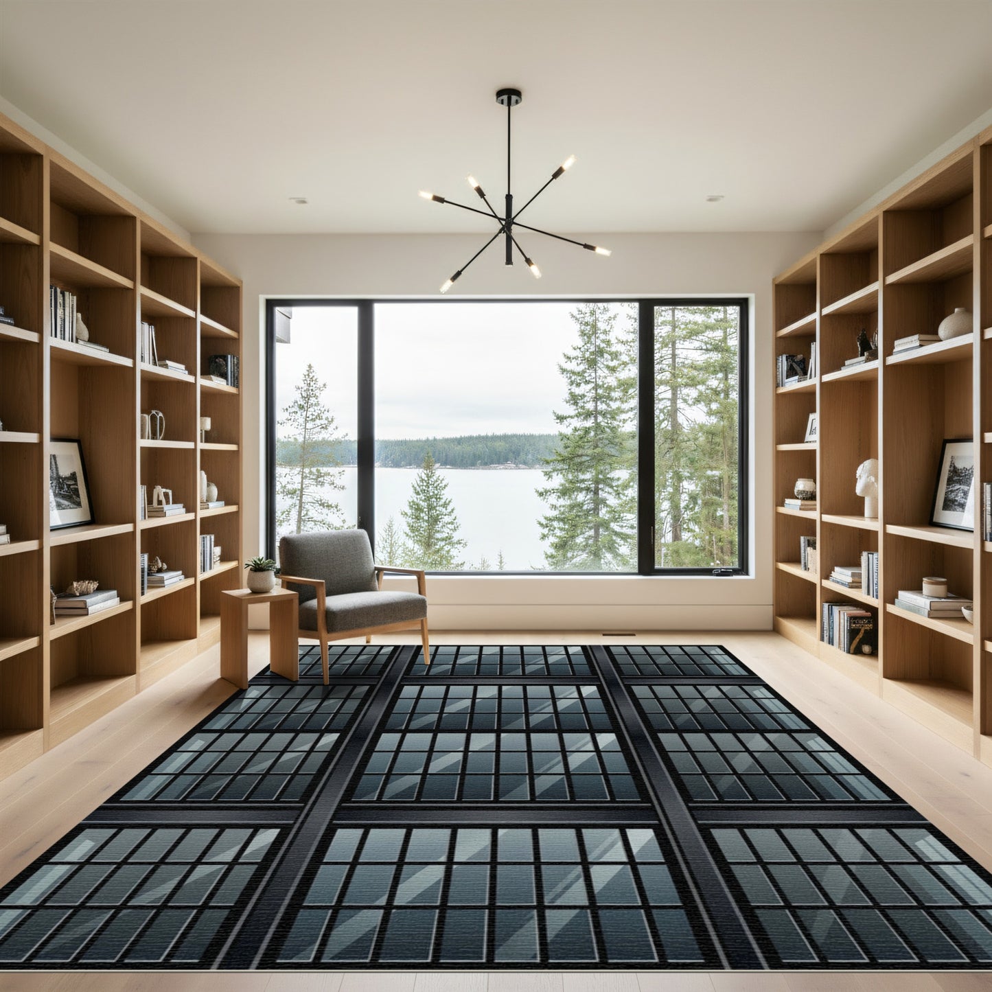 Modern Dark Steel Window Pane Rug