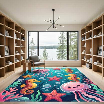Whimsical Undersea Jellyfish Seahorse Friends Rug