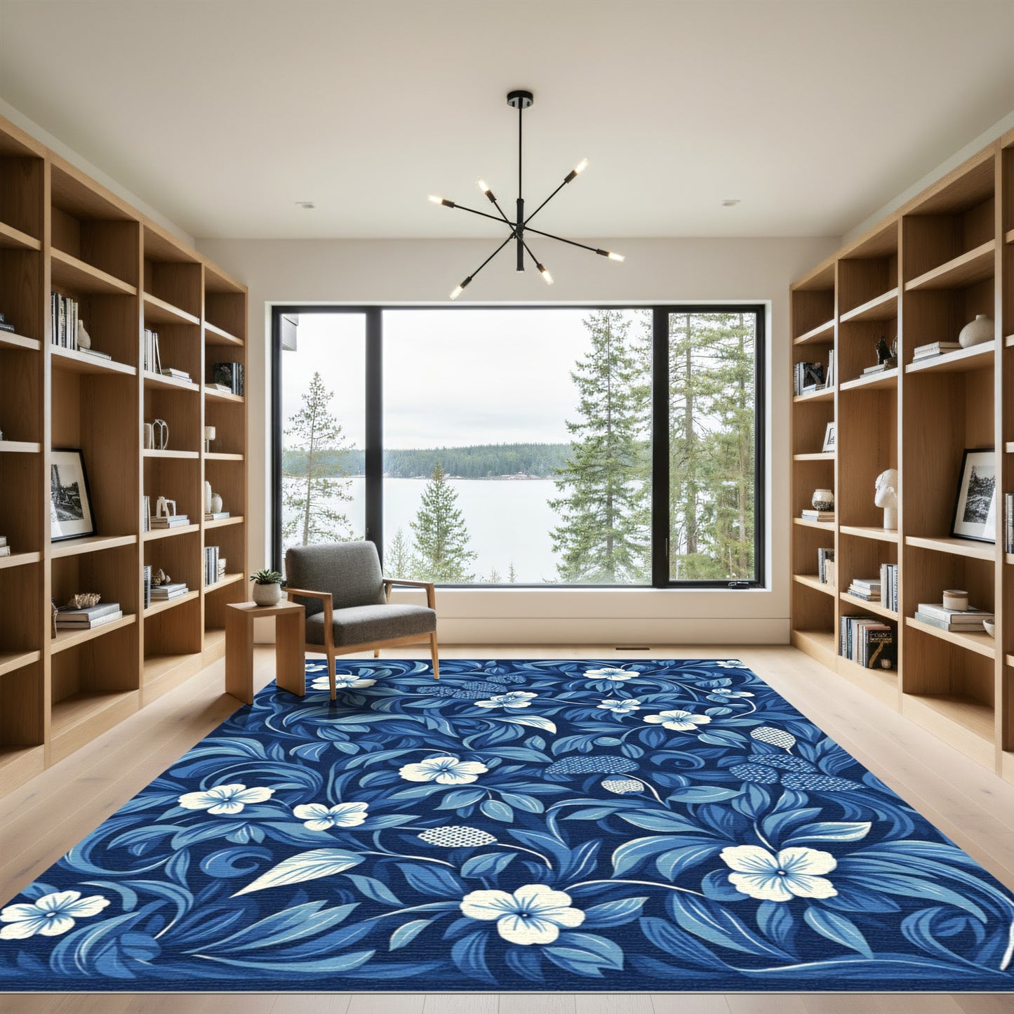 Deep Blue White Floral Foliage Medley Rug