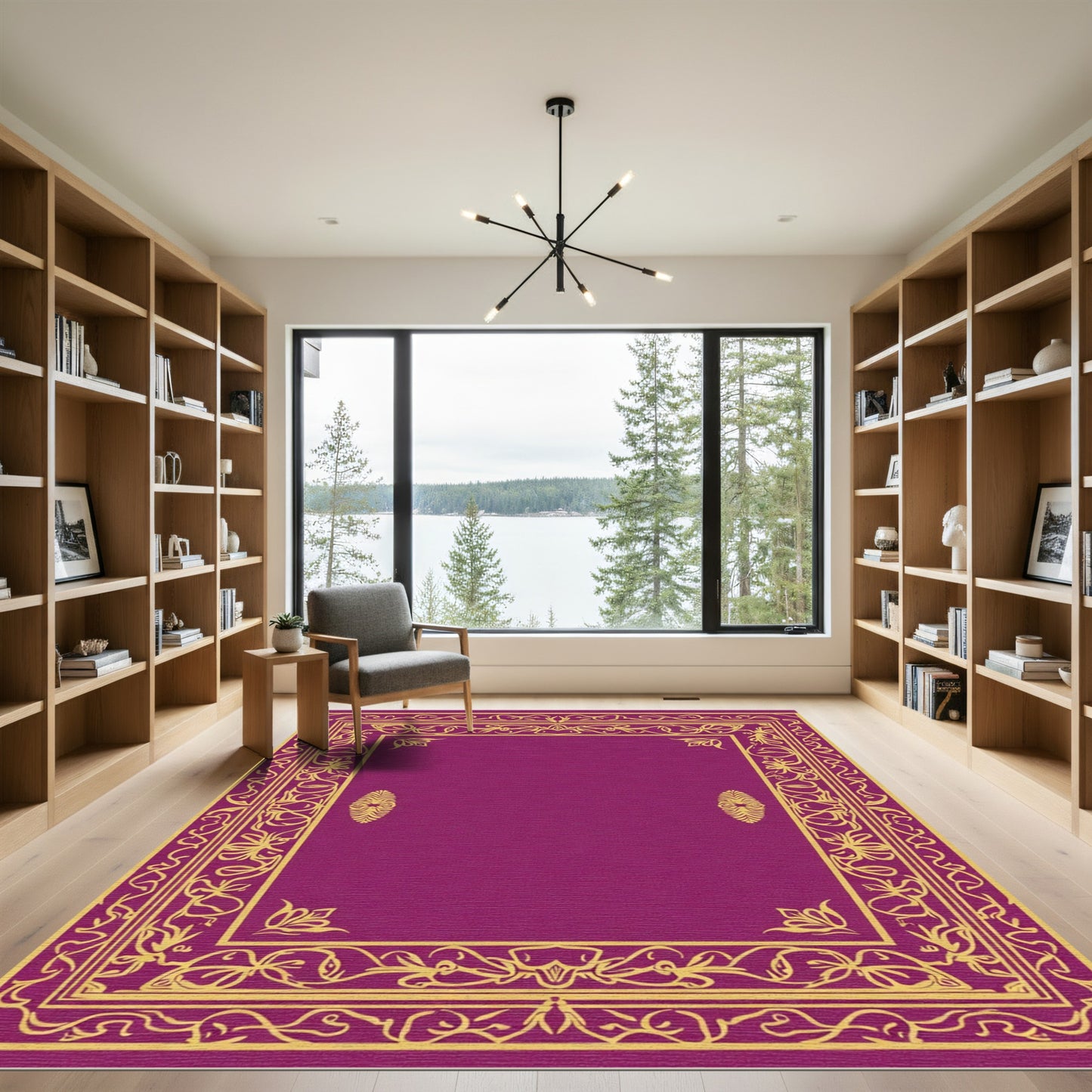 Ornate Gold Floral Frame Magenta Rug