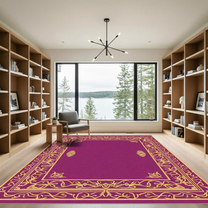Ornate Gold Floral Frame Magenta Rug