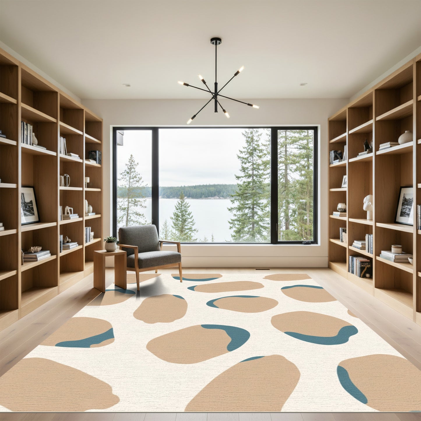 Neutral Tan Blue Abstract Forms Rug