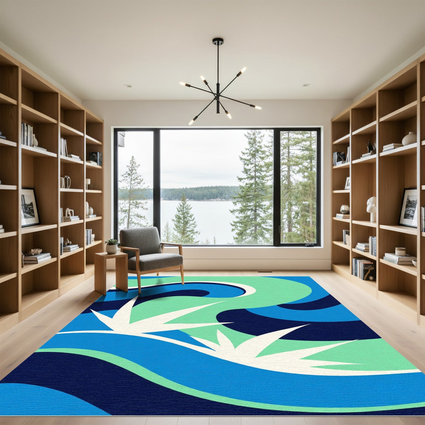 Bold Blue Abstract Wave Composition Rug
