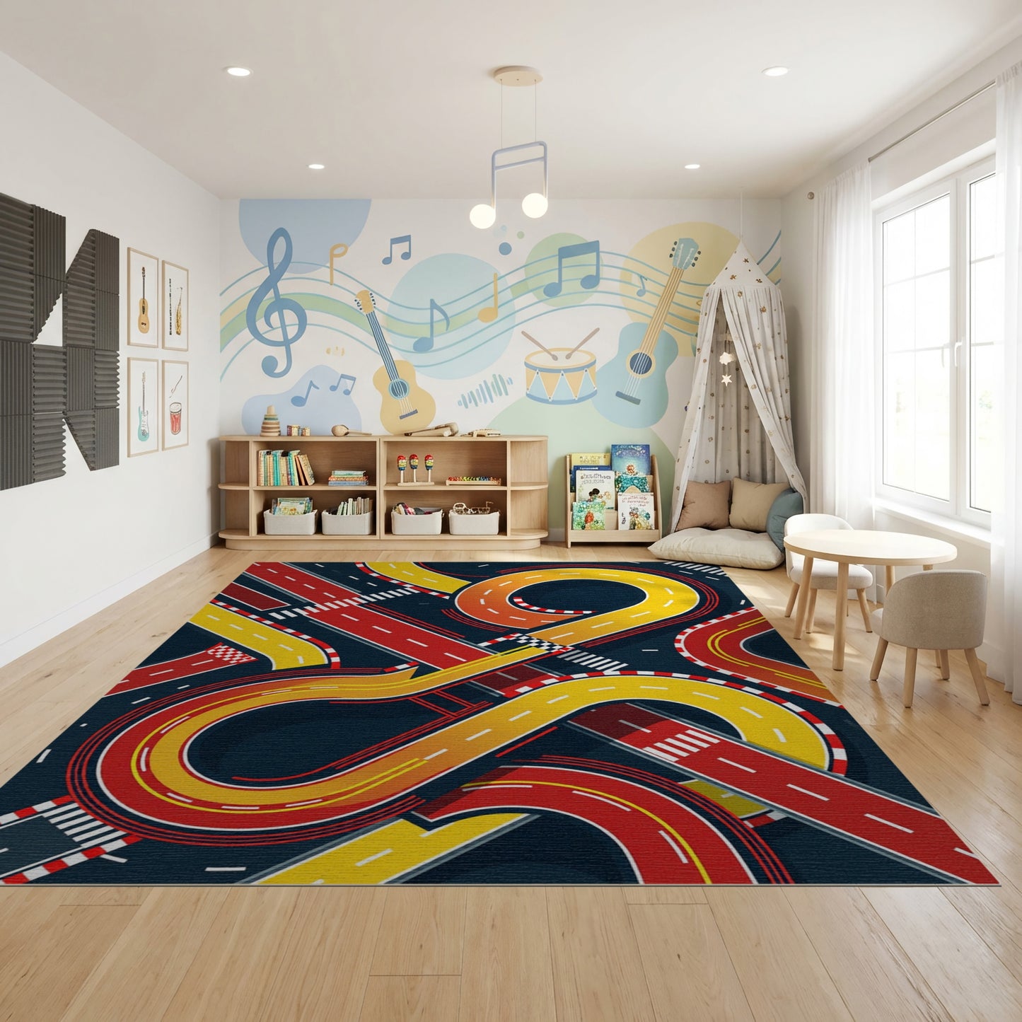 Dynamic Red Yellow Racing Tracks Rug
