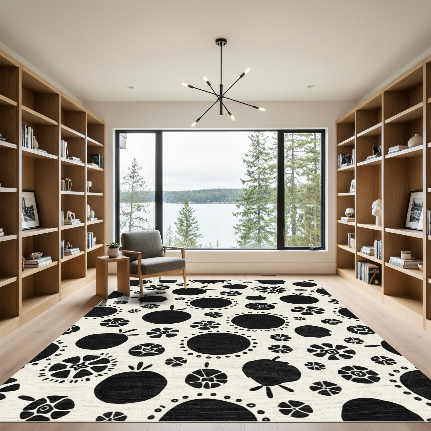 Bold Black Abstract Floral Circles Rug