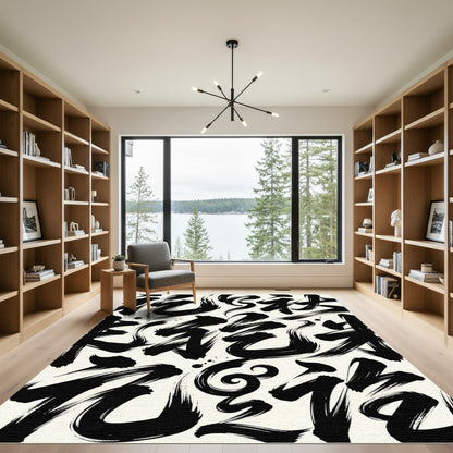 Monochrome Abstract Ink Brush Stroke Art Rug