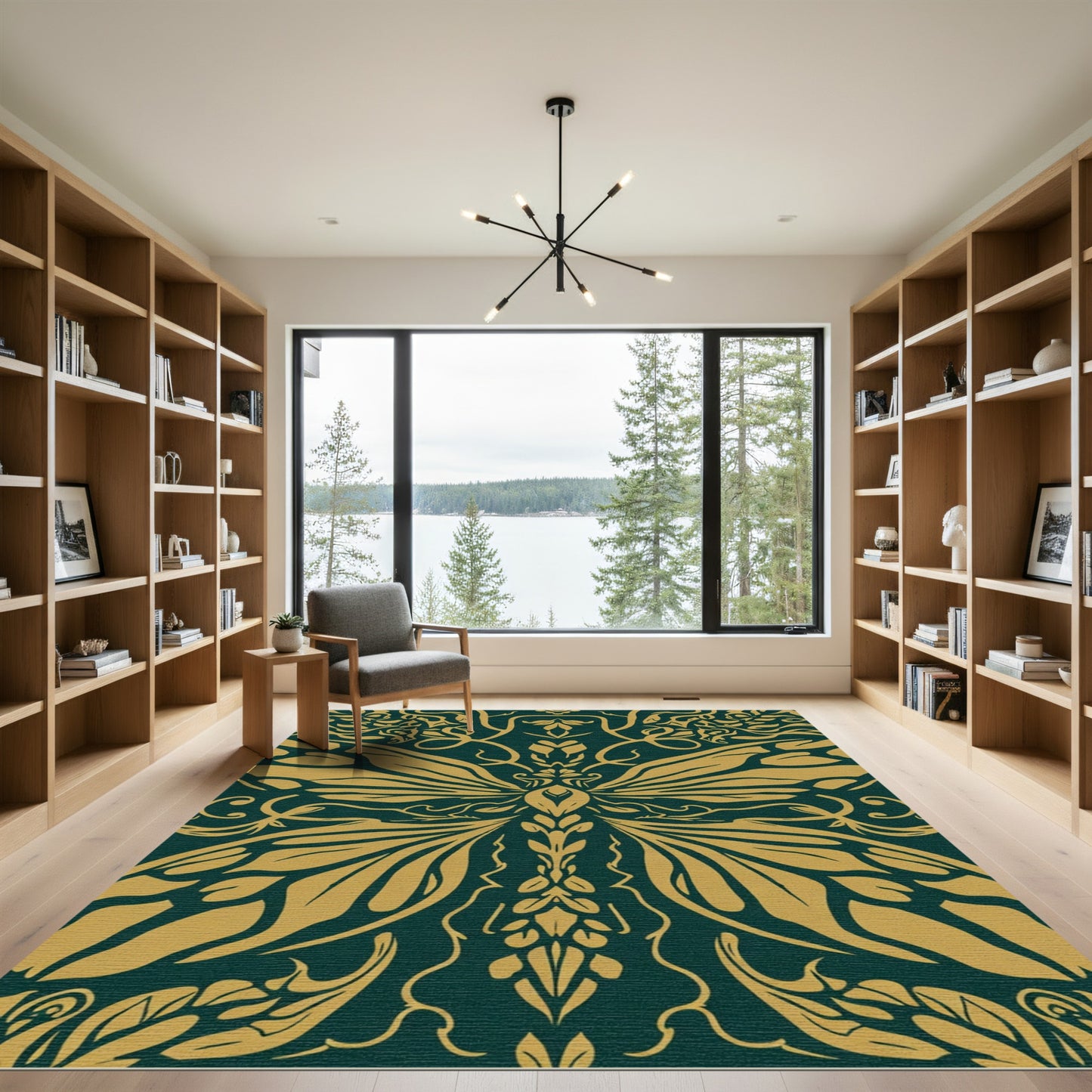 Gold And Teal Butterfly Damask Rug