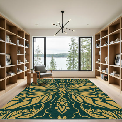 Gold And Teal Butterfly Damask Rug