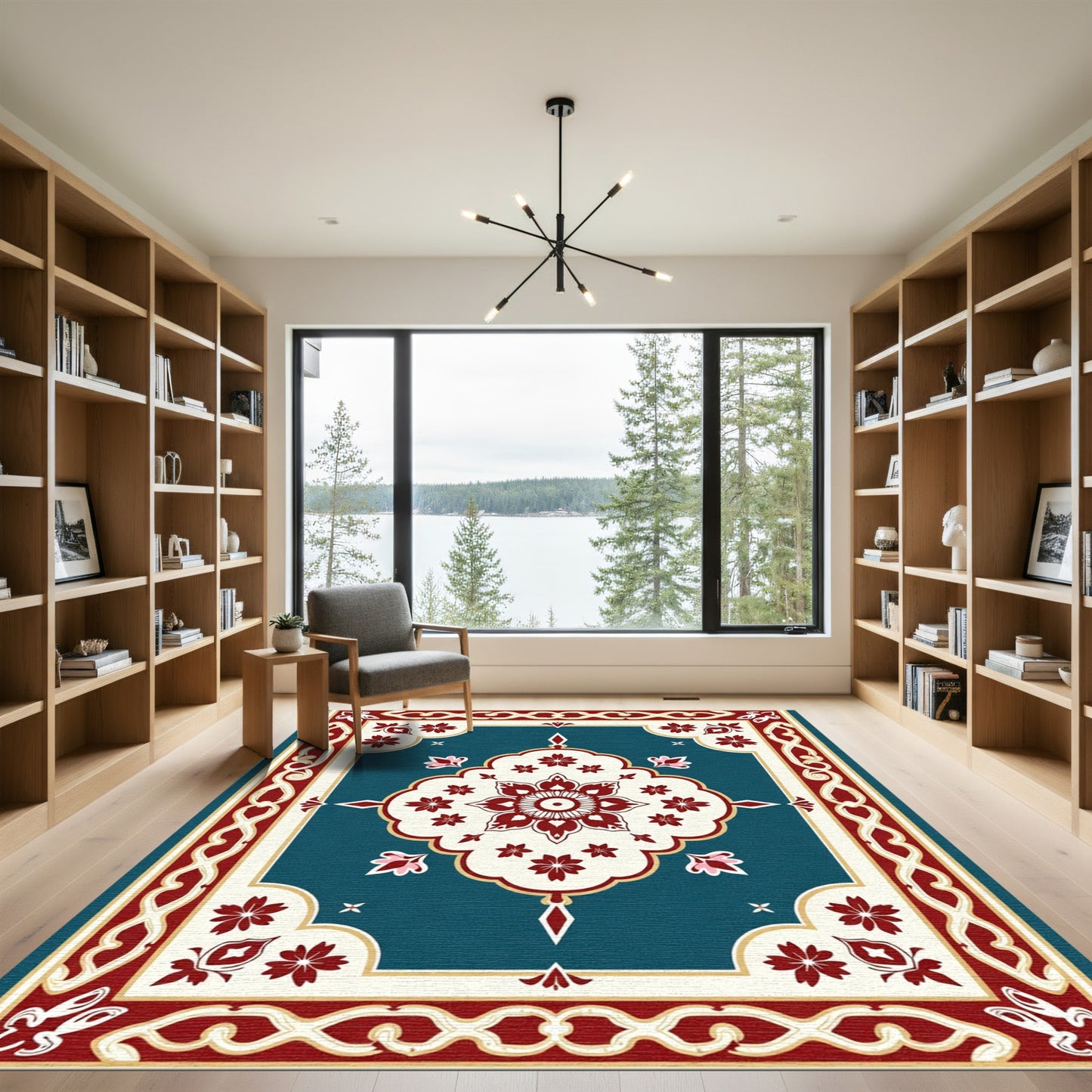 Deep Teal Red Floral Medallion Rug