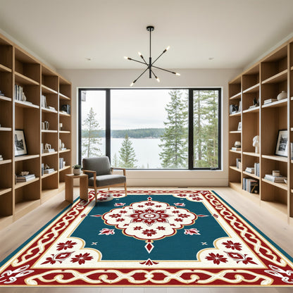 Deep Teal Red Floral Medallion Rug