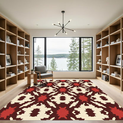 Burgundy Cream Red Geometric Medallion Rug