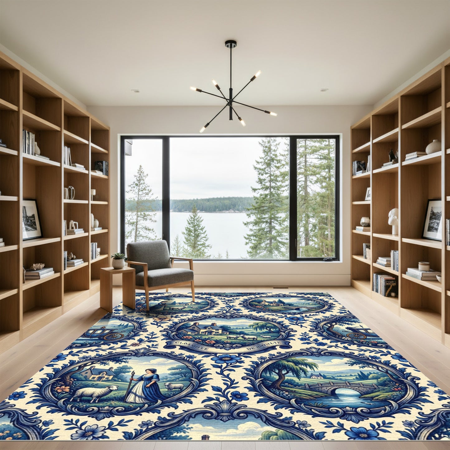 Blue Pastoral Toile Scene Medallion Rug