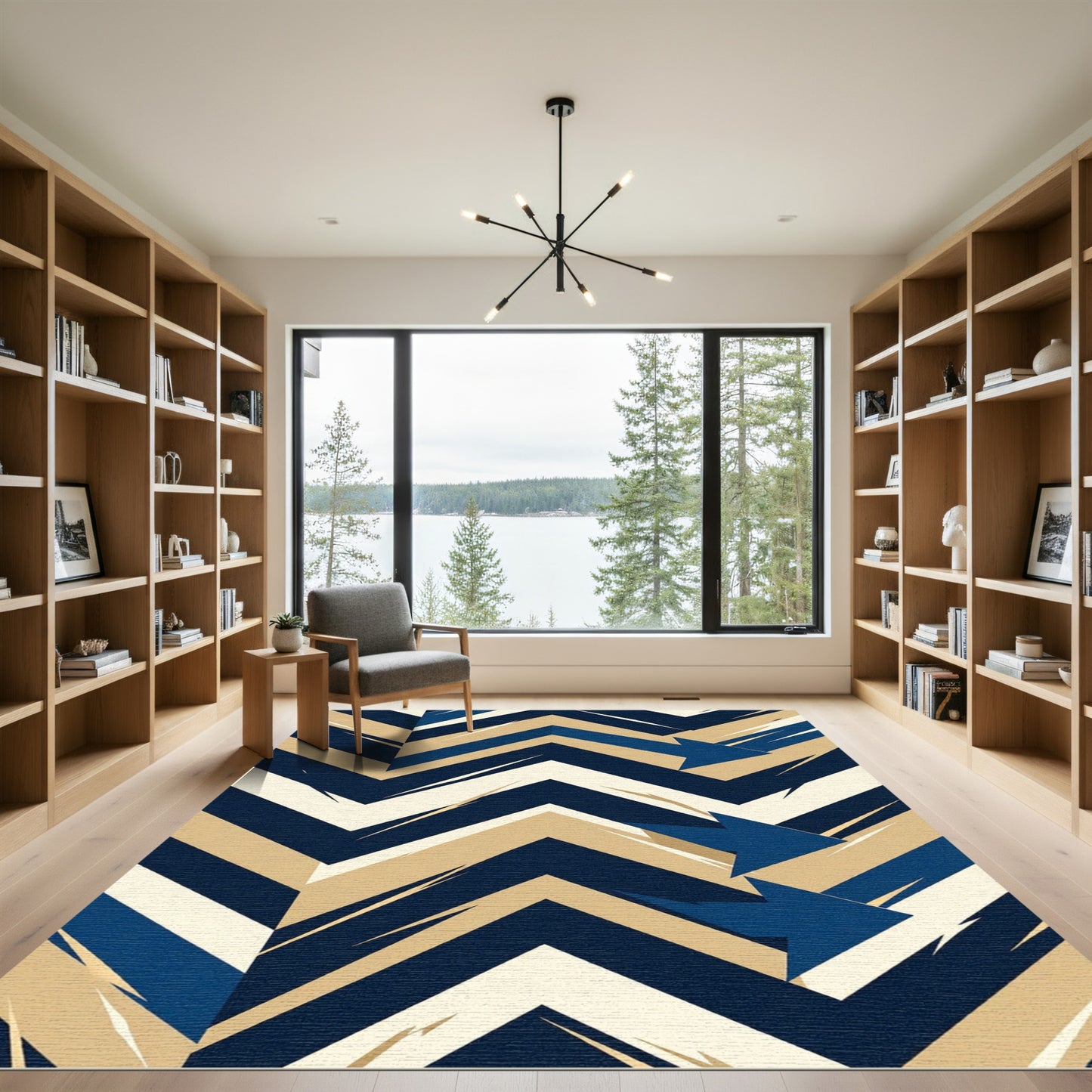 Geometric Navy and Tan Chevron Arrow Rug