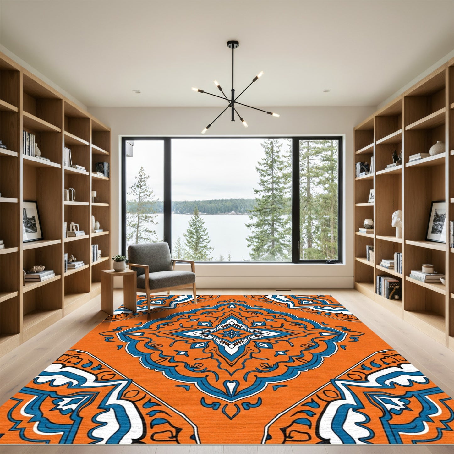 Vibrant Orange Blue Medallion Composition Rug