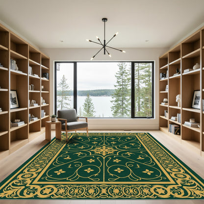 Emerald Gold Scrollwork Floral Medallion Rug
