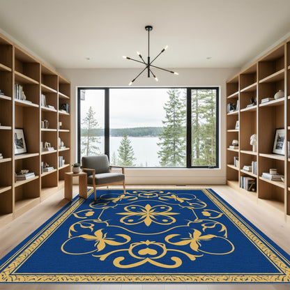Golden Floral Medallion on Royal Blue Rug