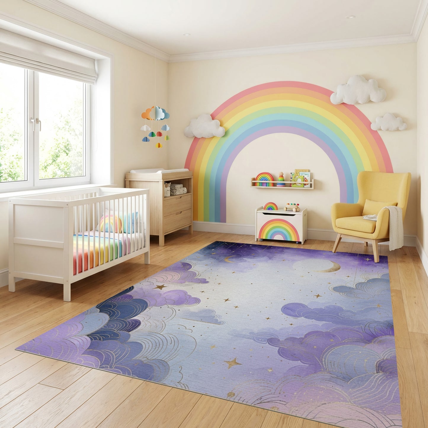 Dreamy Purple Clouds Stars Golden Moons Rug