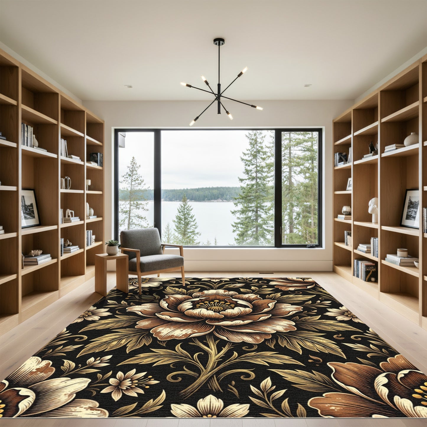 Ornate Golden Floral Black Background Rug