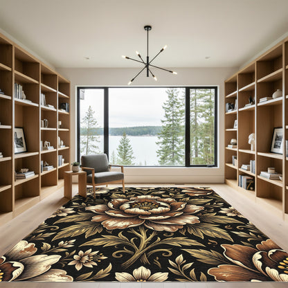 Ornate Golden Floral Black Background Rug