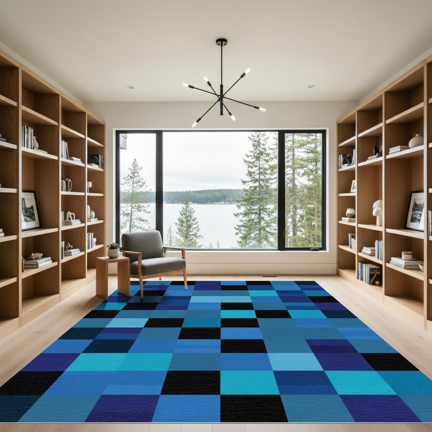 Modern Blue Black Geometric Squares Rug