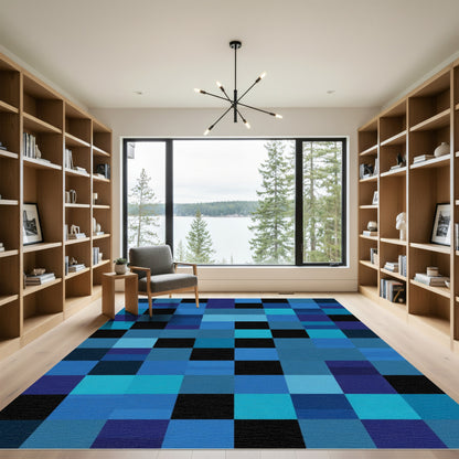 Modern Blue Black Geometric Squares Rug