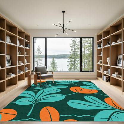 Teal Leaf Orange Orb Repeating Rug