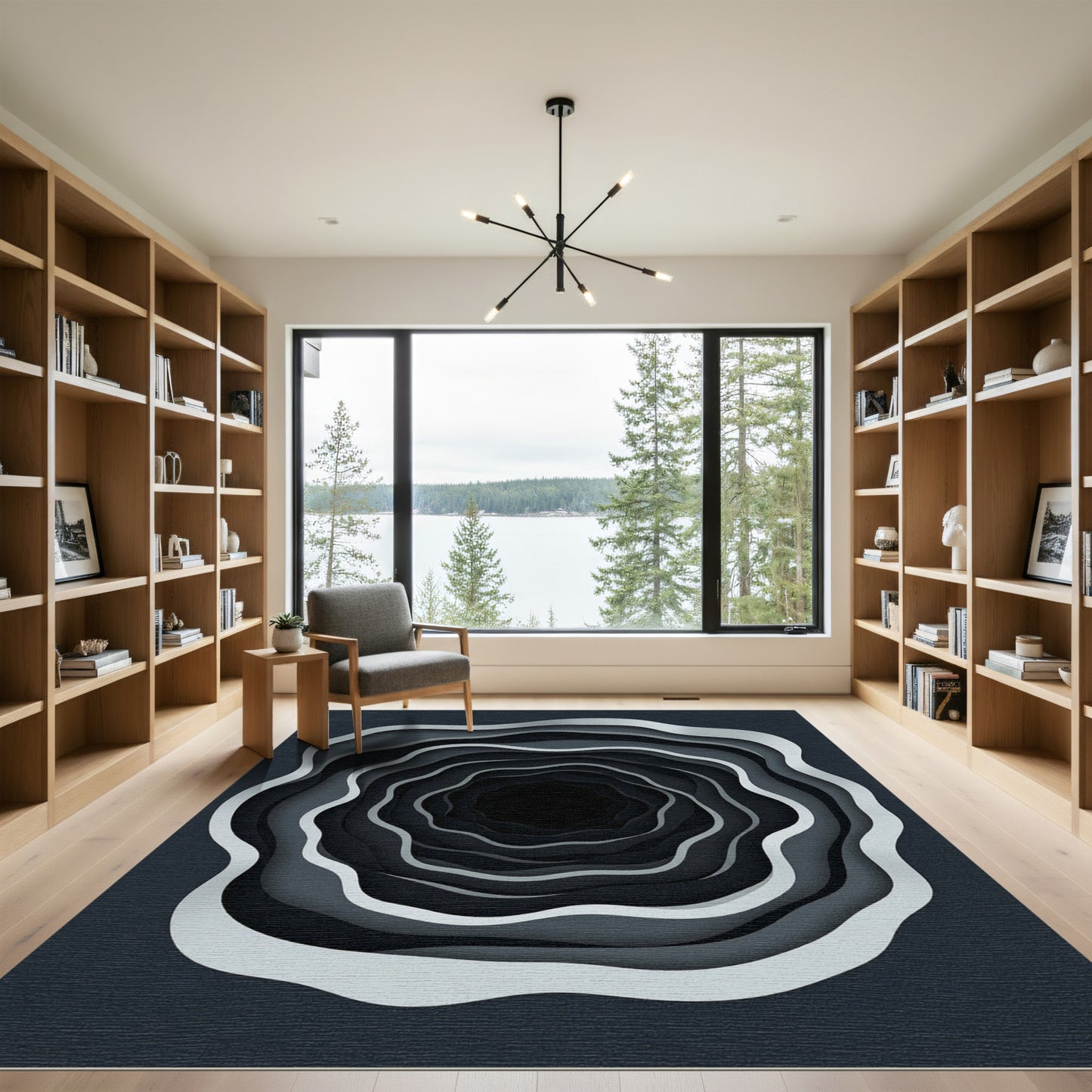 Monochrome Abstract Concentric Ripple Rug