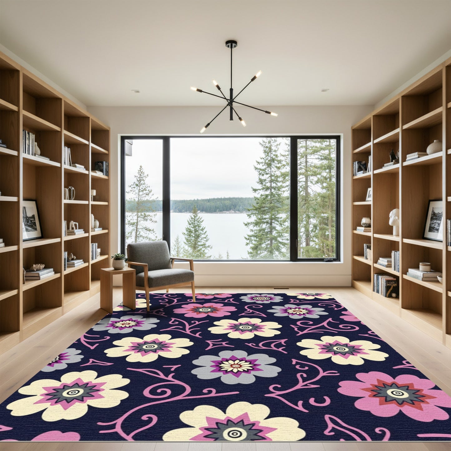 Pink Floral Medallions Navy Background Rug