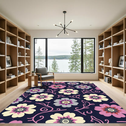Pink Floral Medallions Navy Background Rug