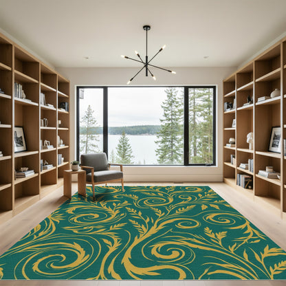 Gold Swirling Vines Teal Background Rug