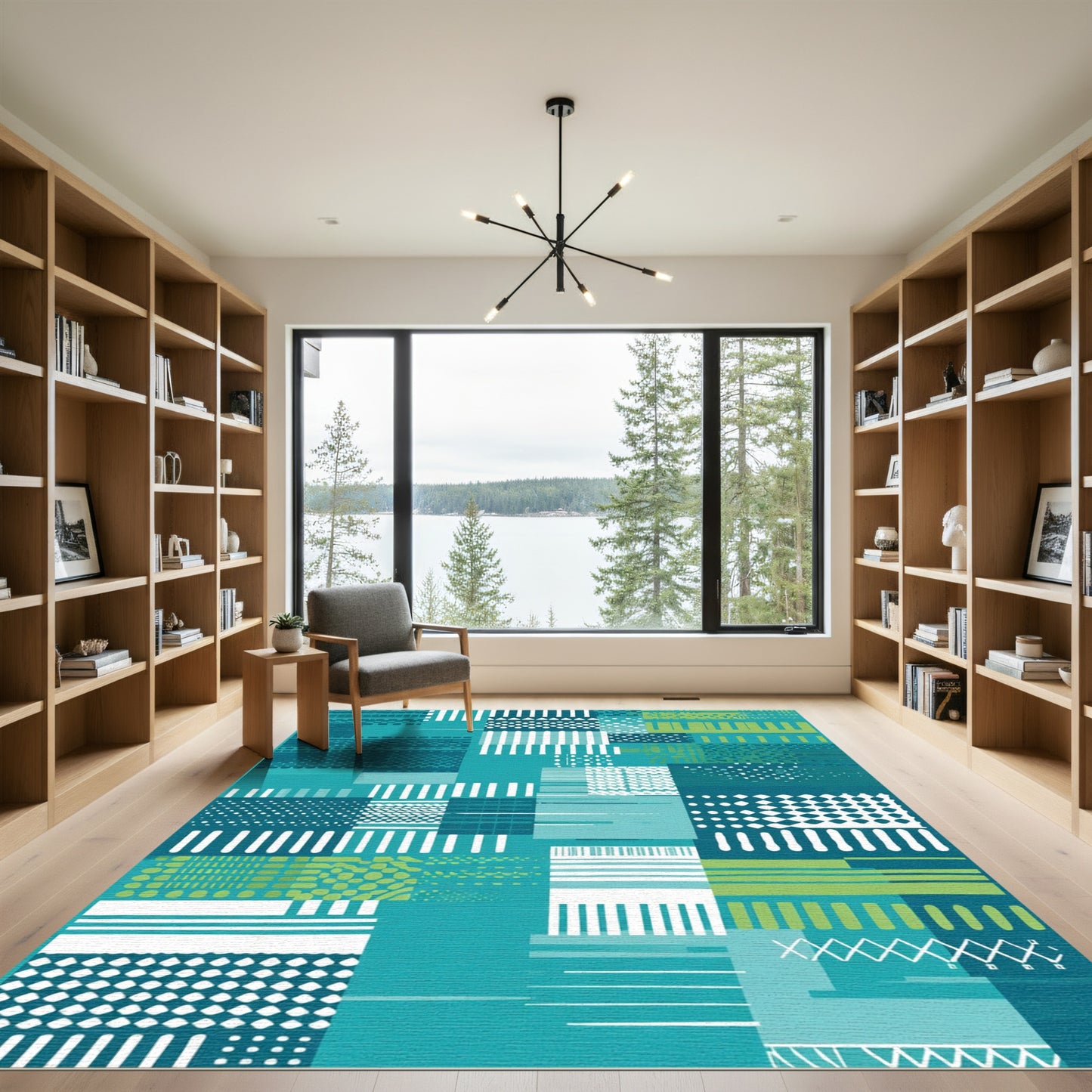 Teal Green White Geometric Collage Rug