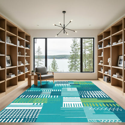 Teal Green White Geometric Collage Rug