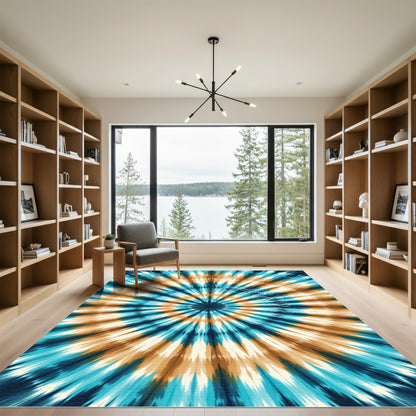 Aqua Tan Psychedelic Sunburst Rug